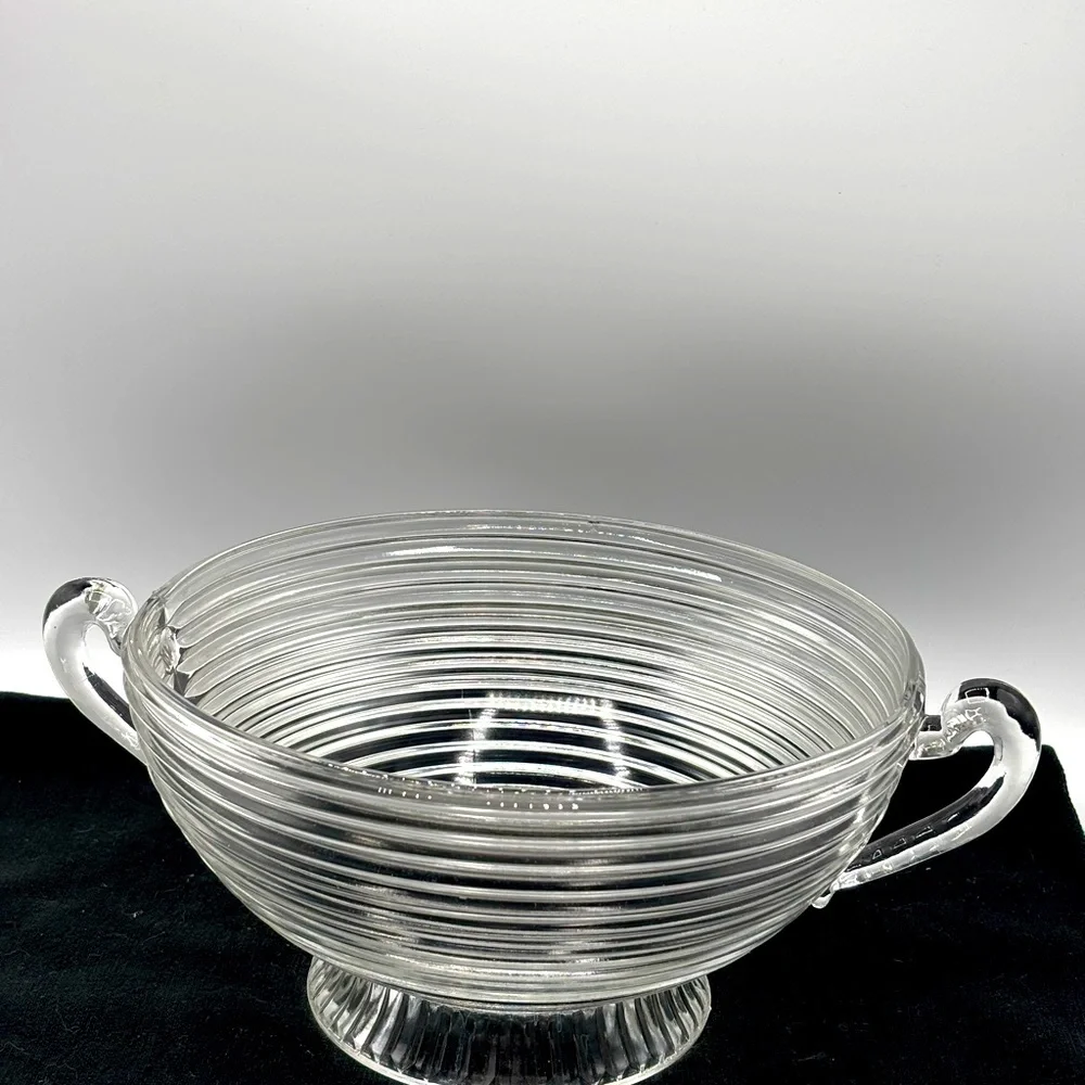 1930s Anchor Hocking Manhattan clear pedestal glass bowl 2 handles 5